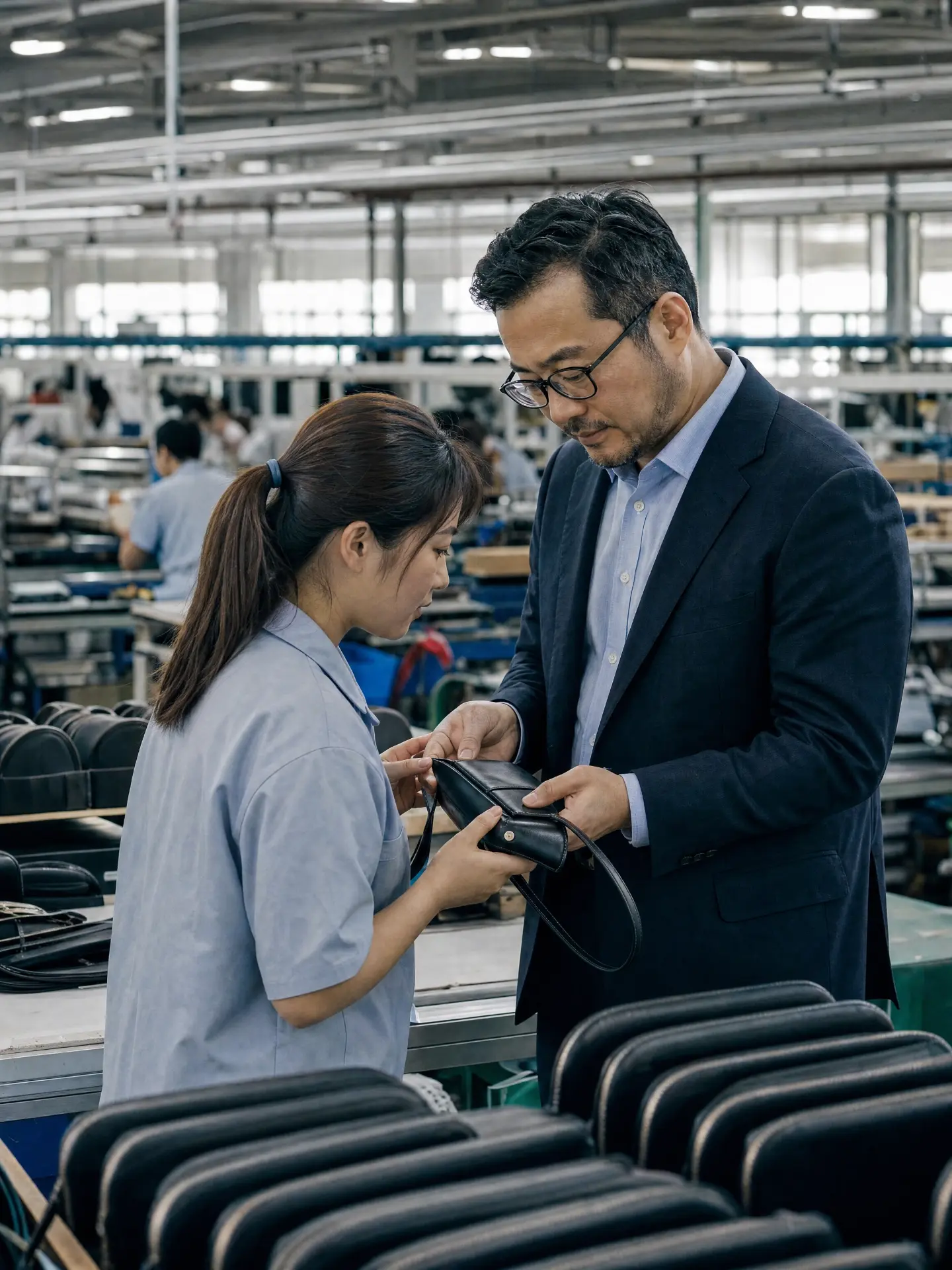 Procurement professional and factory specialist reviewing product quality on a manufacturing floor.