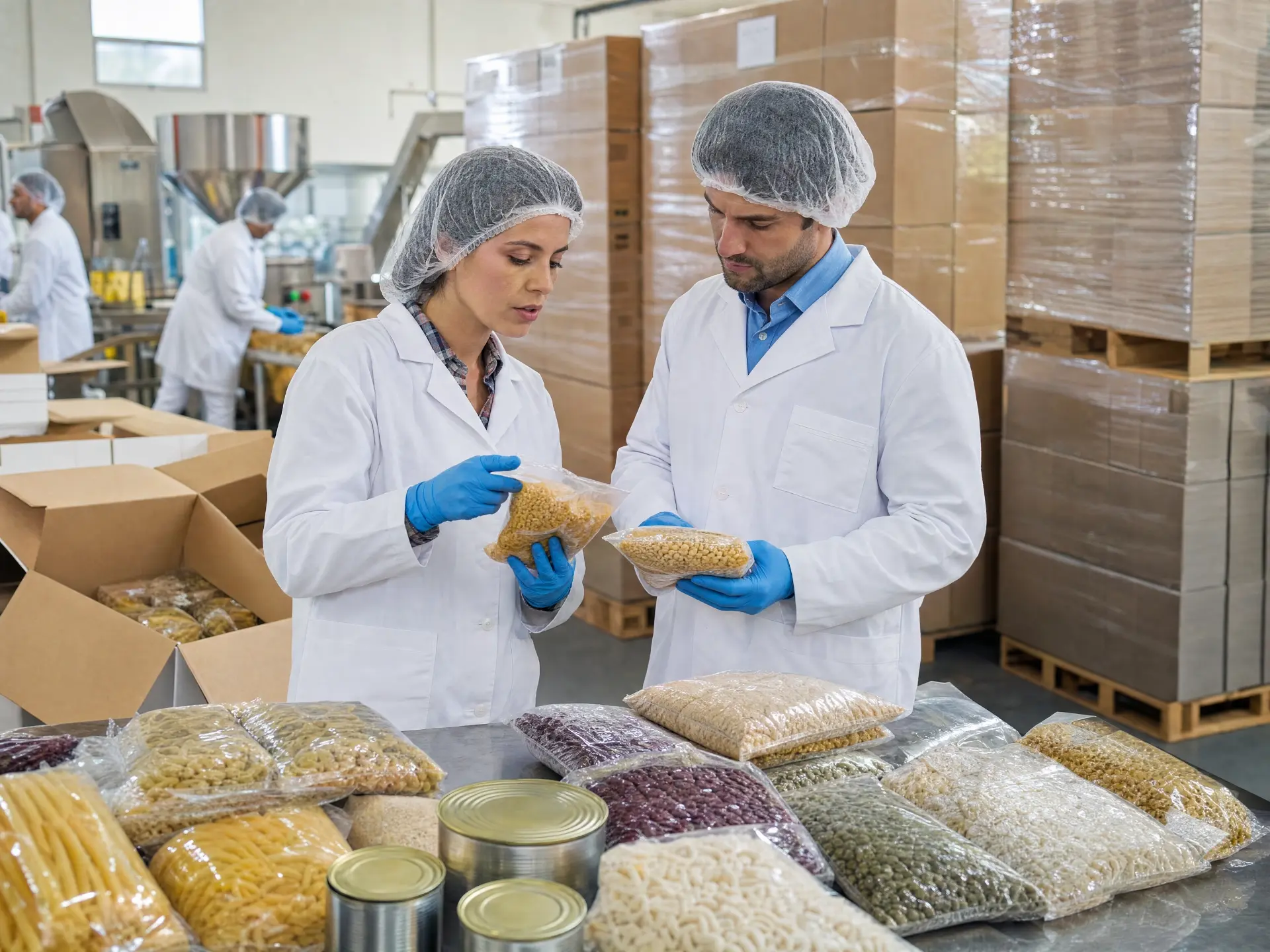 Quality-control professionals inspecting packaged dry food products in an export facility.