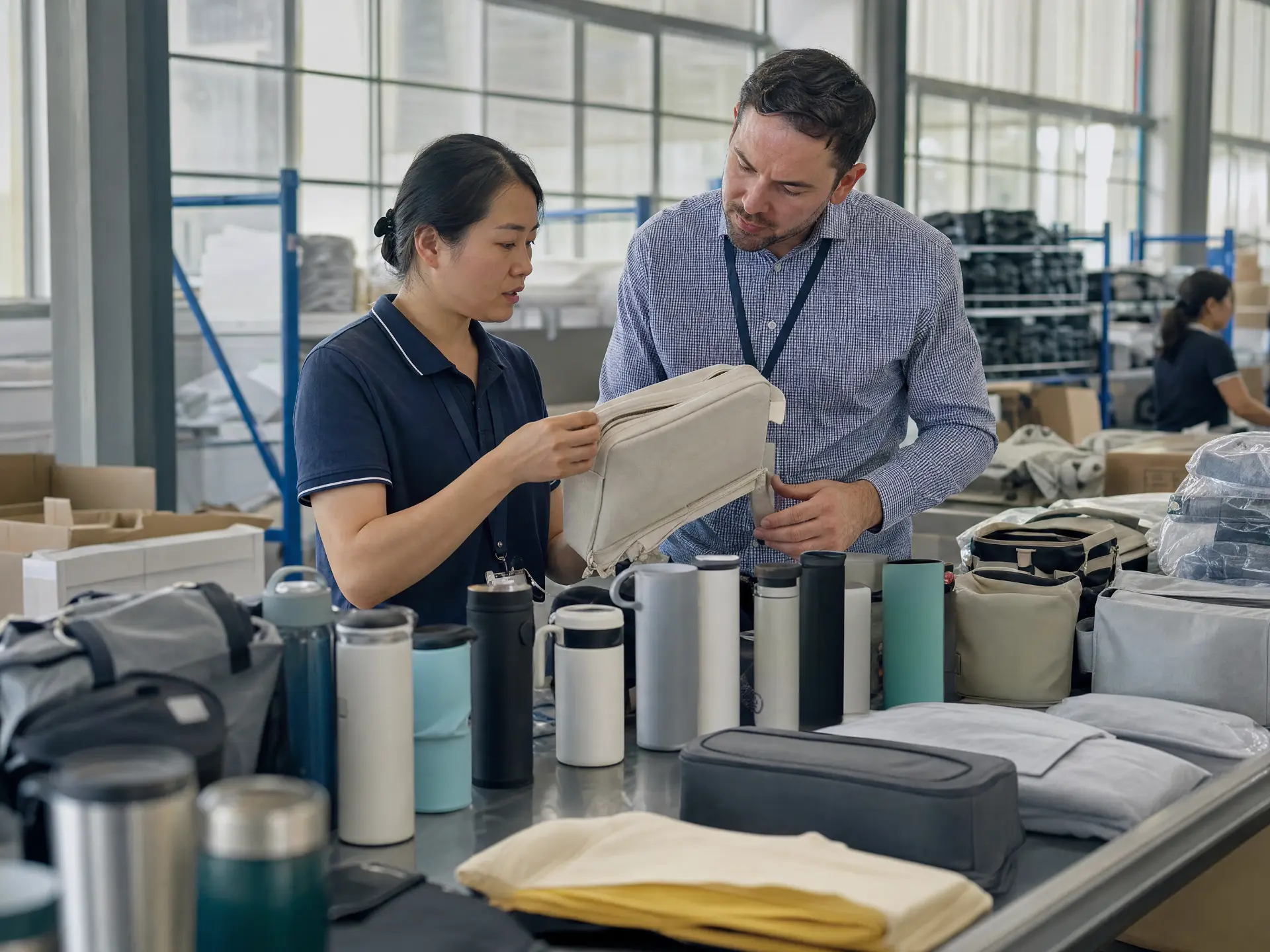 Procurement specialists reviewing bags, drinkware and promotional merchandise.