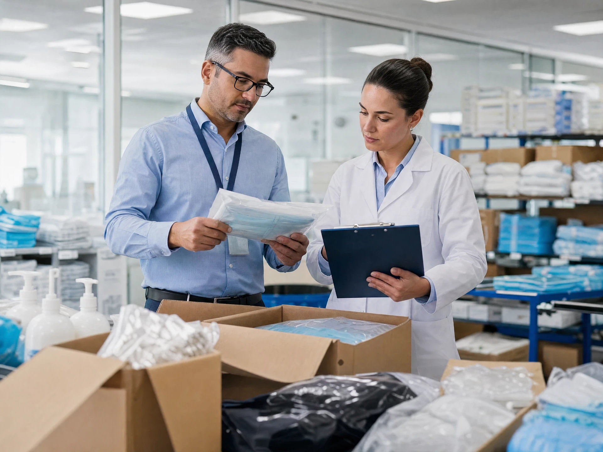 Procurement specialists reviewing packaged healthcare supplies in a distribution environment.