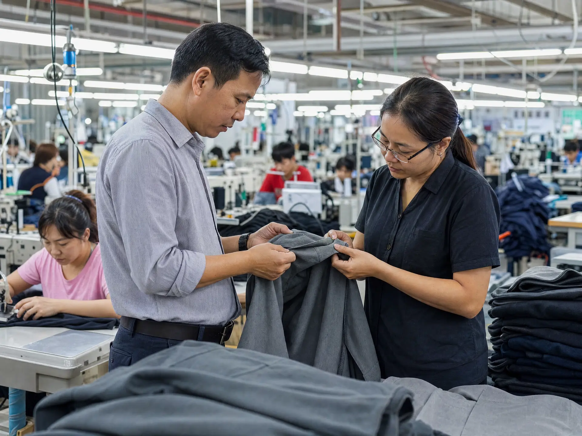 Quality specialists inspecting garment construction inside a textile manufacturing facility.